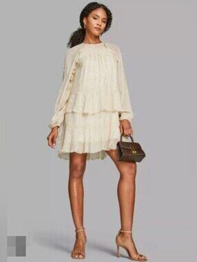 BCBG Cream Tiered Long-Sleeve Mini Dress